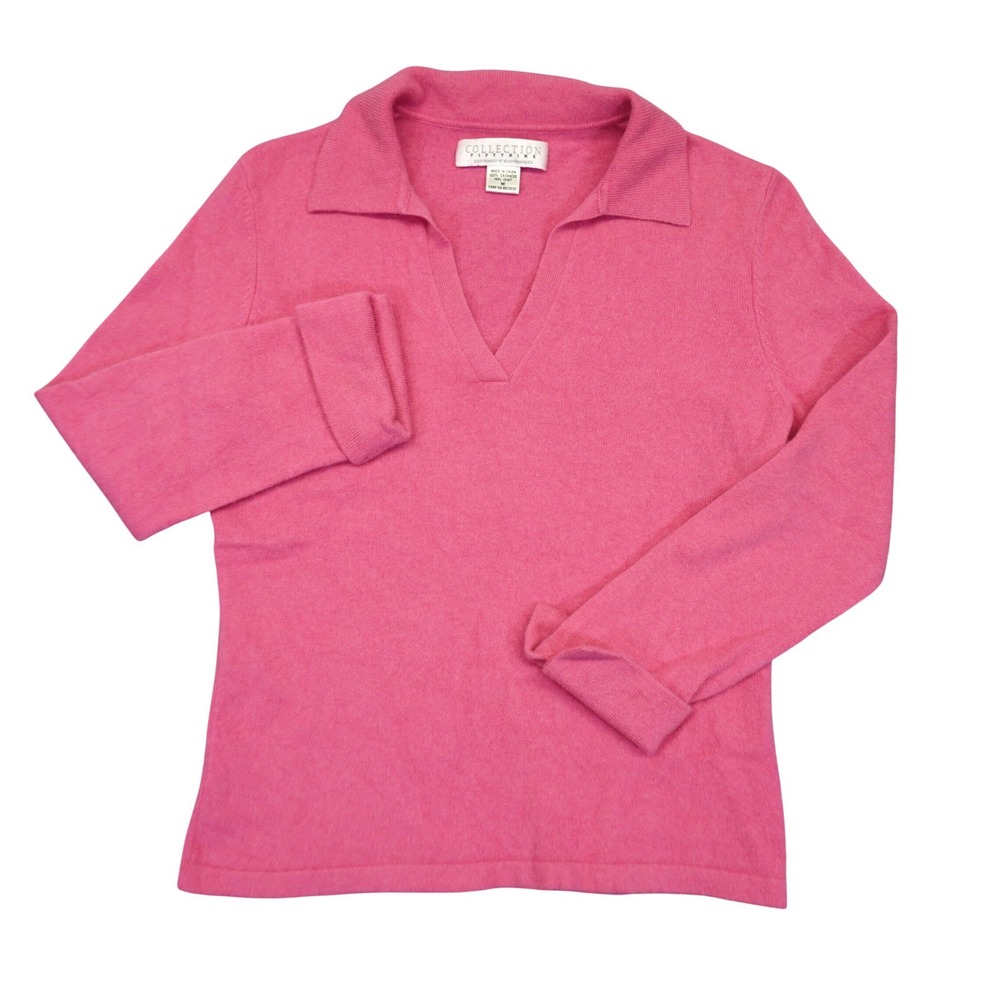 Pink Cashmere Sweater Womens M V-Neck Polo Collar Barbiecore Preppy Old Money
